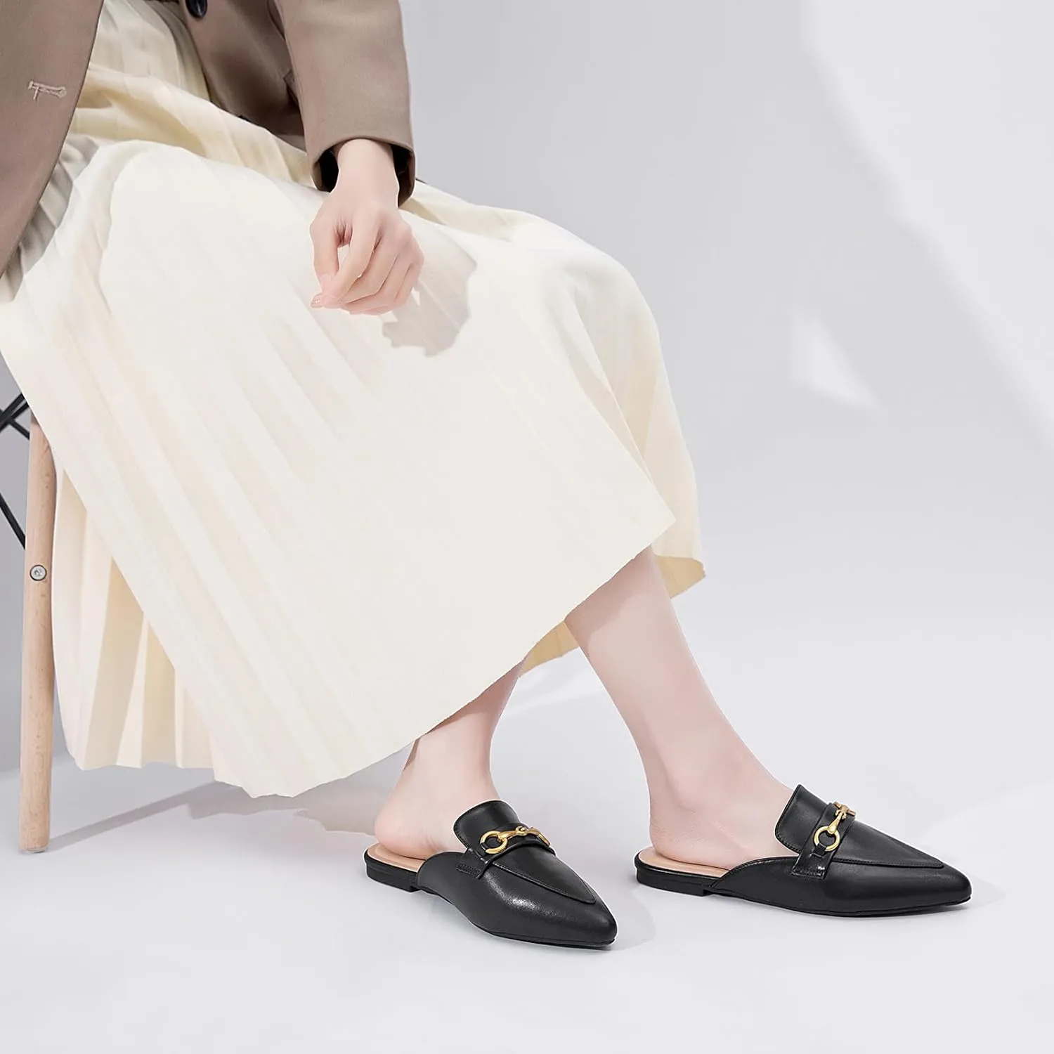 Buckle Mules for Women Pointed Toe Backless Flat Mules Slip on Slides Loafer Shoes