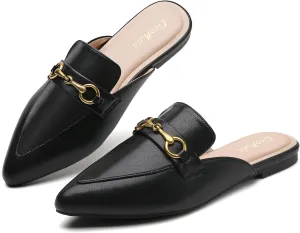 Buckle Mules for Women Pointed Toe Backless Flat Mules Slip on Slides Loafer Shoes