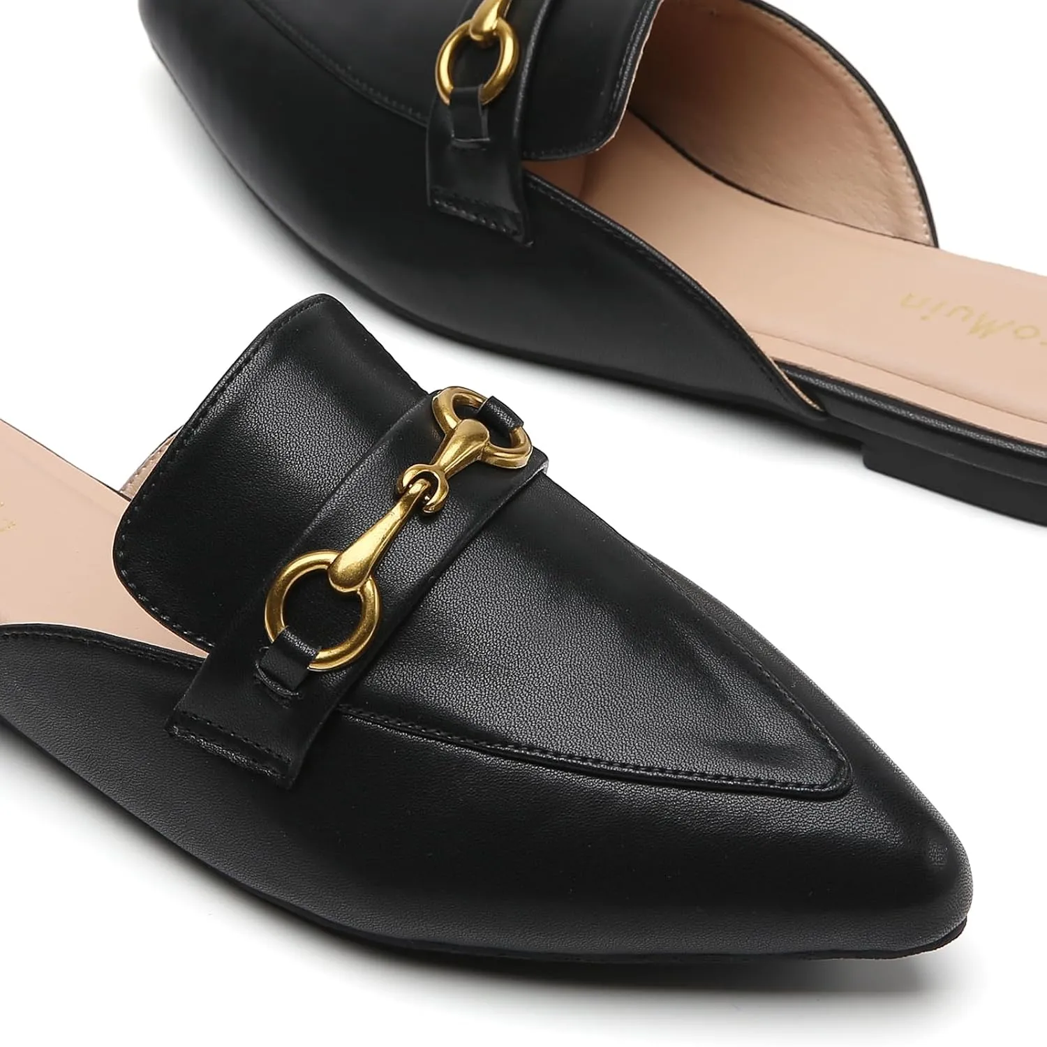 Buckle Mules for Women Pointed Toe Backless Flat Mules Slip on Slides Loafer Shoes