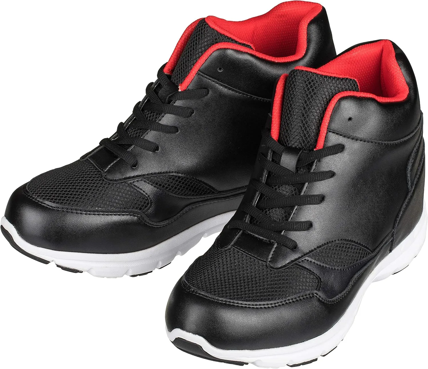 CALTO Men's Invisible Height Increasing Elevator Shoes - Black/Red Leather/Mesh Lace-up Sporty Trainers - 4 Inches Taller - G3332 - Size 11 D(M) US