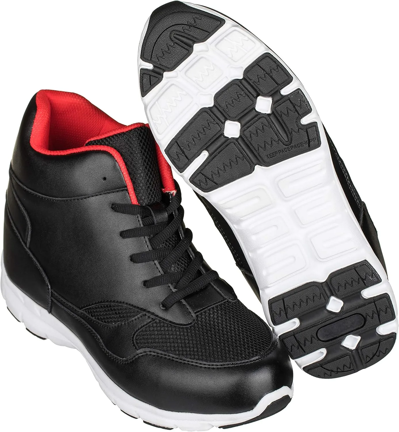 CALTO Men's Invisible Height Increasing Elevator Shoes - Black/Red Leather/Mesh Lace-up Sporty Trainers - 4 Inches Taller - G3332 - Size 11 D(M) US