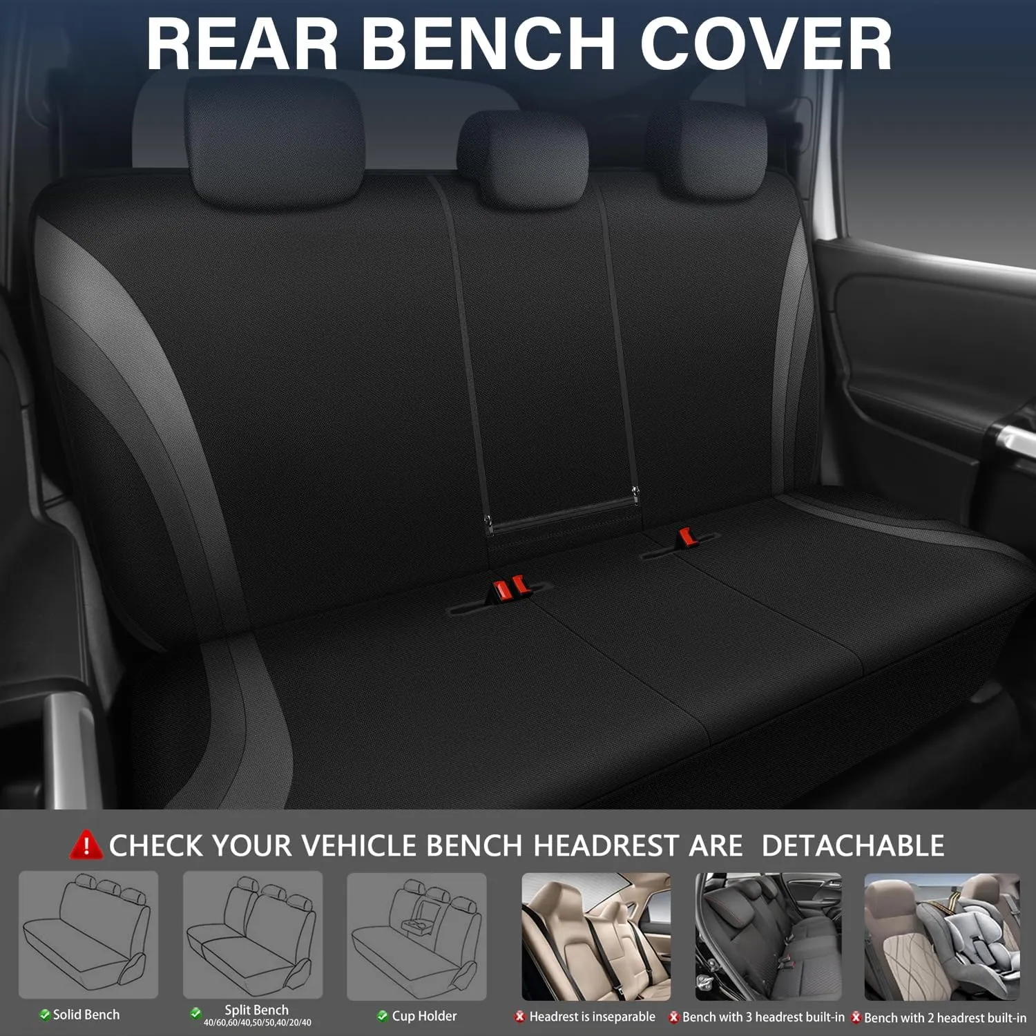 CAR PASS EVA Waterproof Back Seat Cover,Gray Bench Seat Cover, Rear Seat Cover Universal Fit for Cars Sedans SUVs Vans Truck 95% Automotive Interior Backseat Car Covers (Rear,Black and Gray)