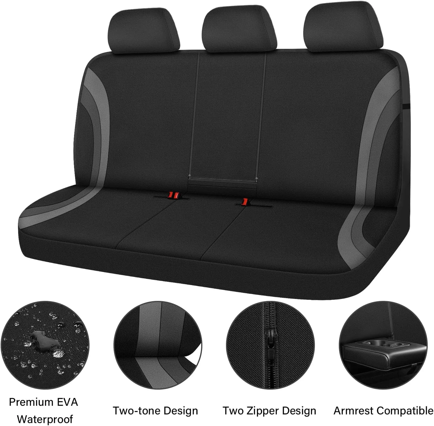 CAR PASS EVA Waterproof Back Seat Cover,Gray Bench Seat Cover, Rear Seat Cover Universal Fit for Cars Sedans SUVs Vans Truck 95% Automotive Interior Backseat Car Covers (Rear,Black and Gray)