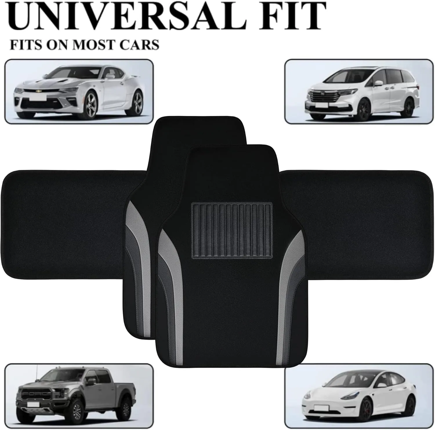 CAR PASS Leather Waterproof Sporty Car Floor Mats Carpet,Universal Automotive Floor Mat Fit for Sedans, Cars, Mid Trucks, Vans, SUV, Set of 4 (Black and Gray)