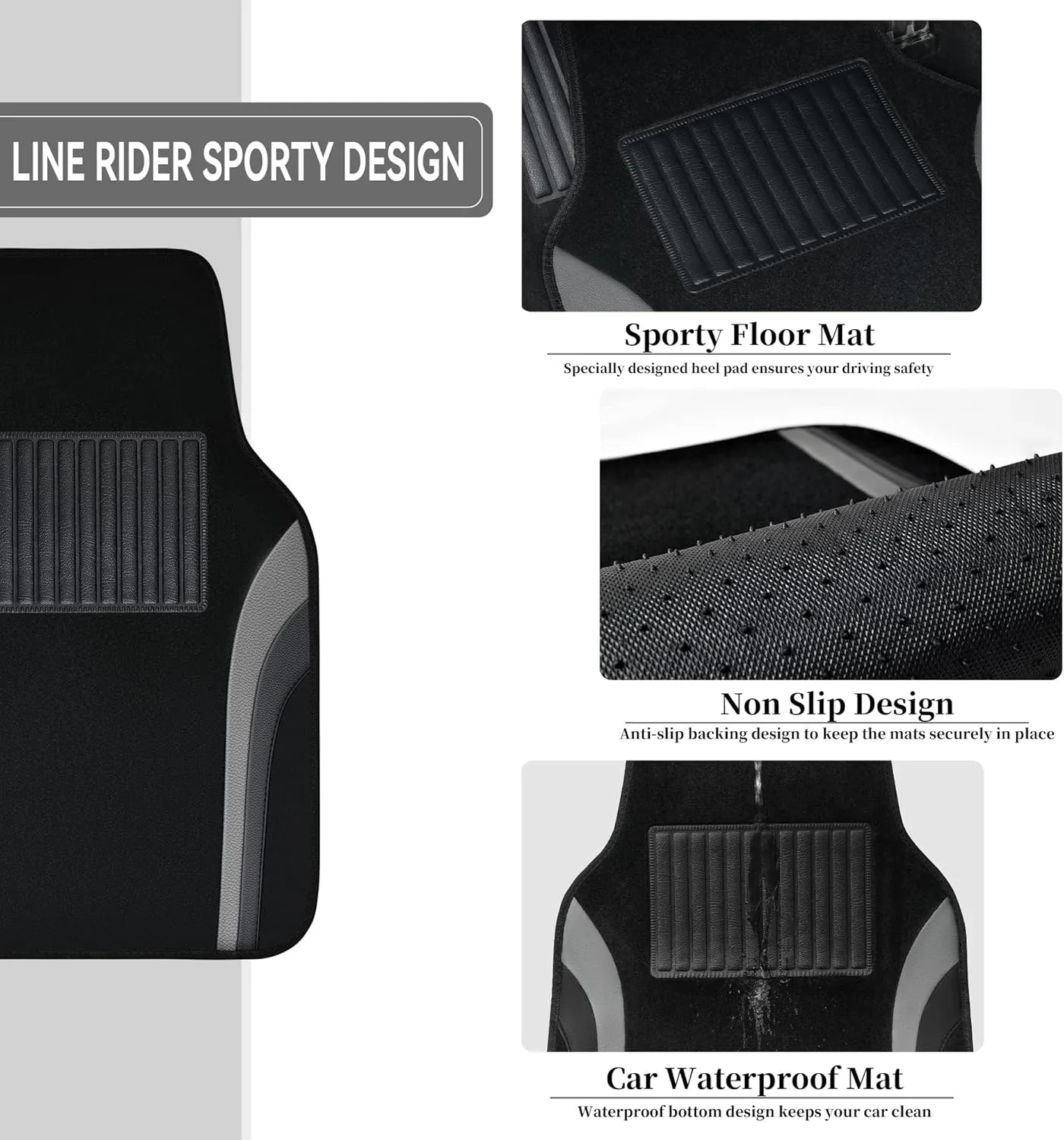 CAR PASS Leather Waterproof Sporty Car Floor Mats Carpet,Universal Automotive Floor Mat Fit for Sedans, Cars, Mid Trucks, Vans, SUV, Set of 4 (Black and Gray)