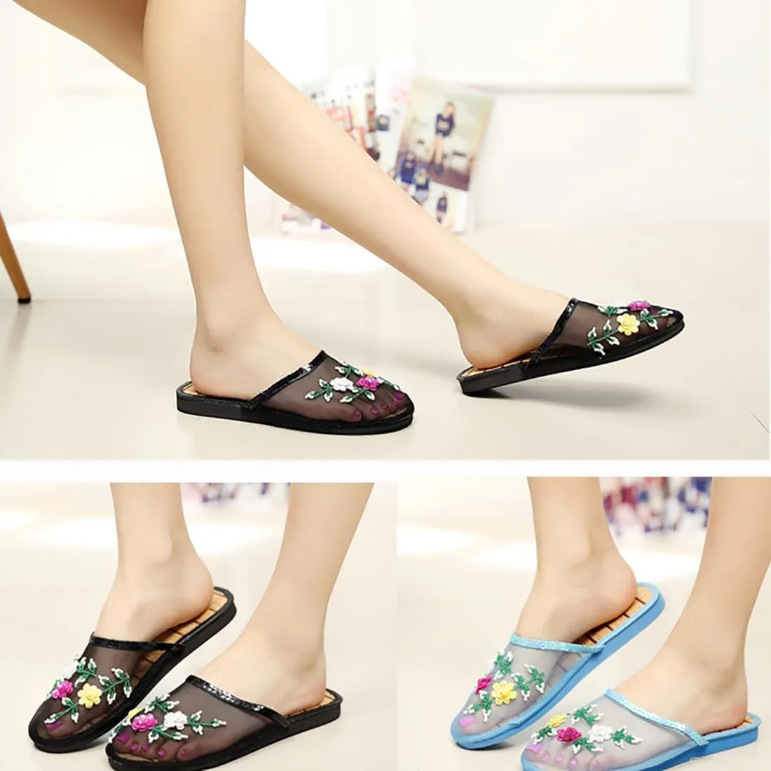 Chinese Mesh Slippers for Women - Summer Floral Hollow Mesh Slippers