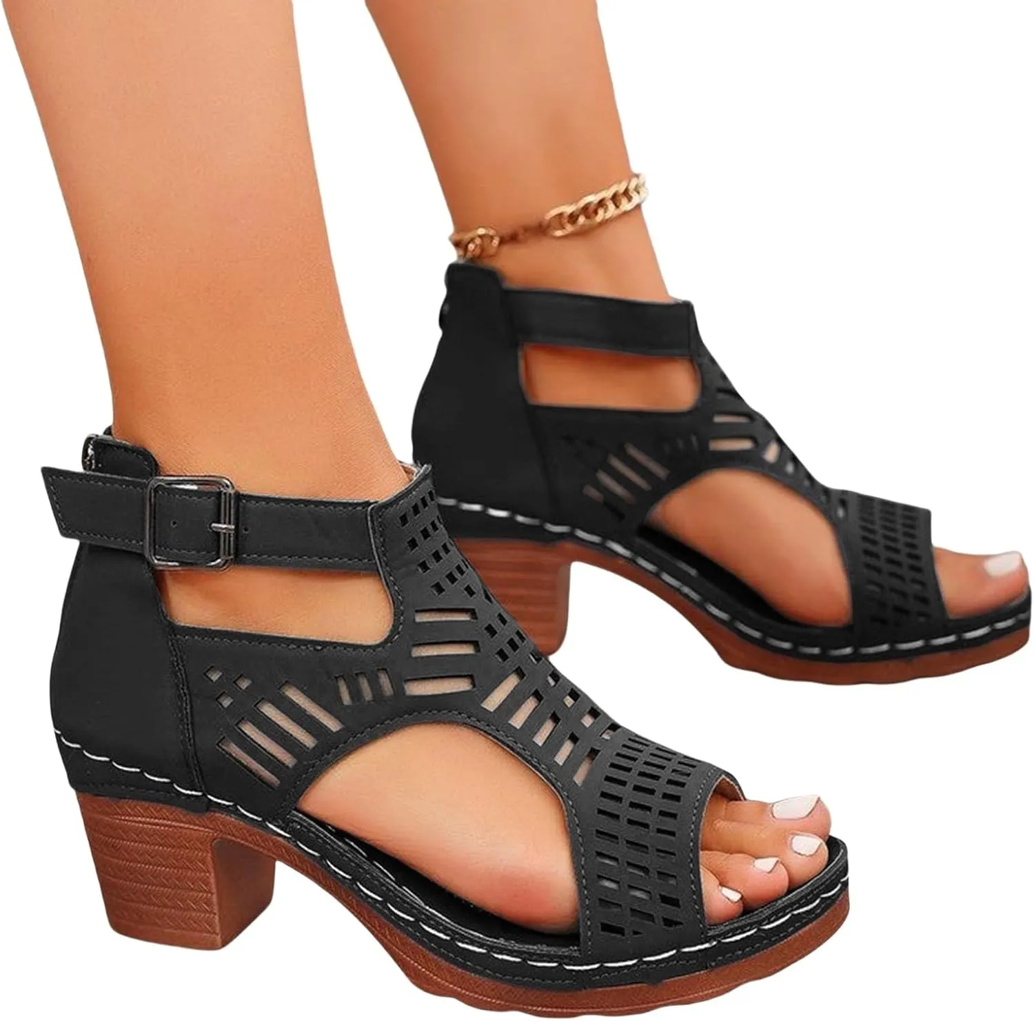 Chunky Heel Sandals for Women Bohemian Cutout Sandals Dressy Comfortable Shoes Peep Toe Booties with Hoop and Loop Straps Business Casual Shoes for Office Work