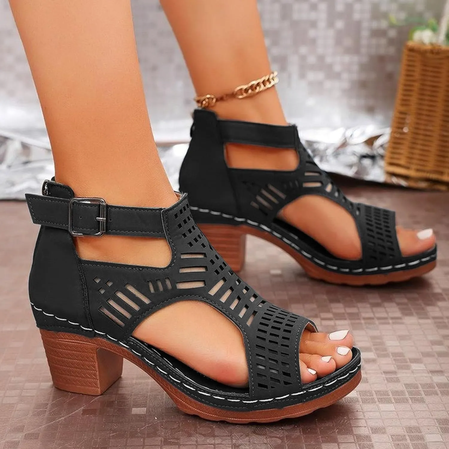 Chunky Heel Sandals for Women Bohemian Cutout Sandals Dressy Comfortable Shoes Peep Toe Booties with Hoop and Loop Straps Business Casual Shoes for Office Work
