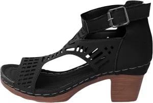 Chunky Heel Sandals for Women Bohemian Cutout Sandals Dressy Comfortable Shoes Peep Toe Booties with Hoop and Loop Straps Business Casual Shoes for Office Work
