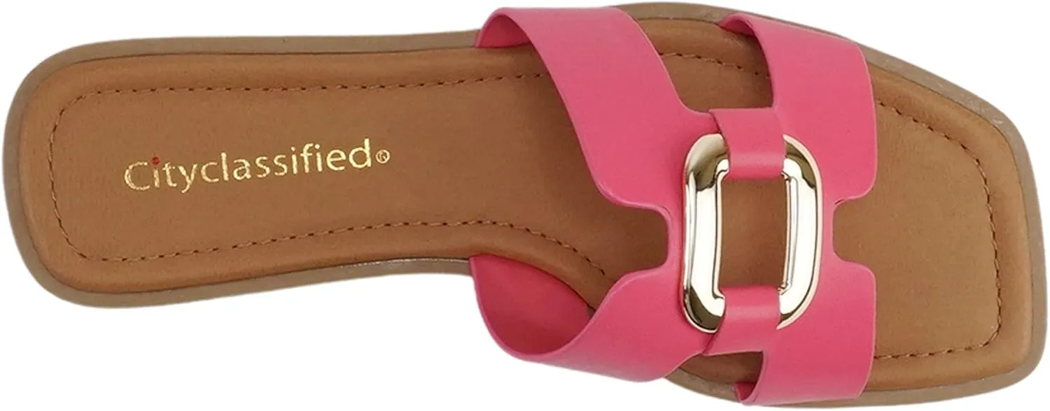 CITYCLASSIFIED “FENG” ~ Women Square Toe H-Band Buckle Slip-On Fashion Slide Sandal