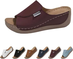 Comfortable Arch Support Slides for Women – Breathable Solid Color Sandals, Orthotic Leather Platform Wedge Slip-Ons for All-Day Walking