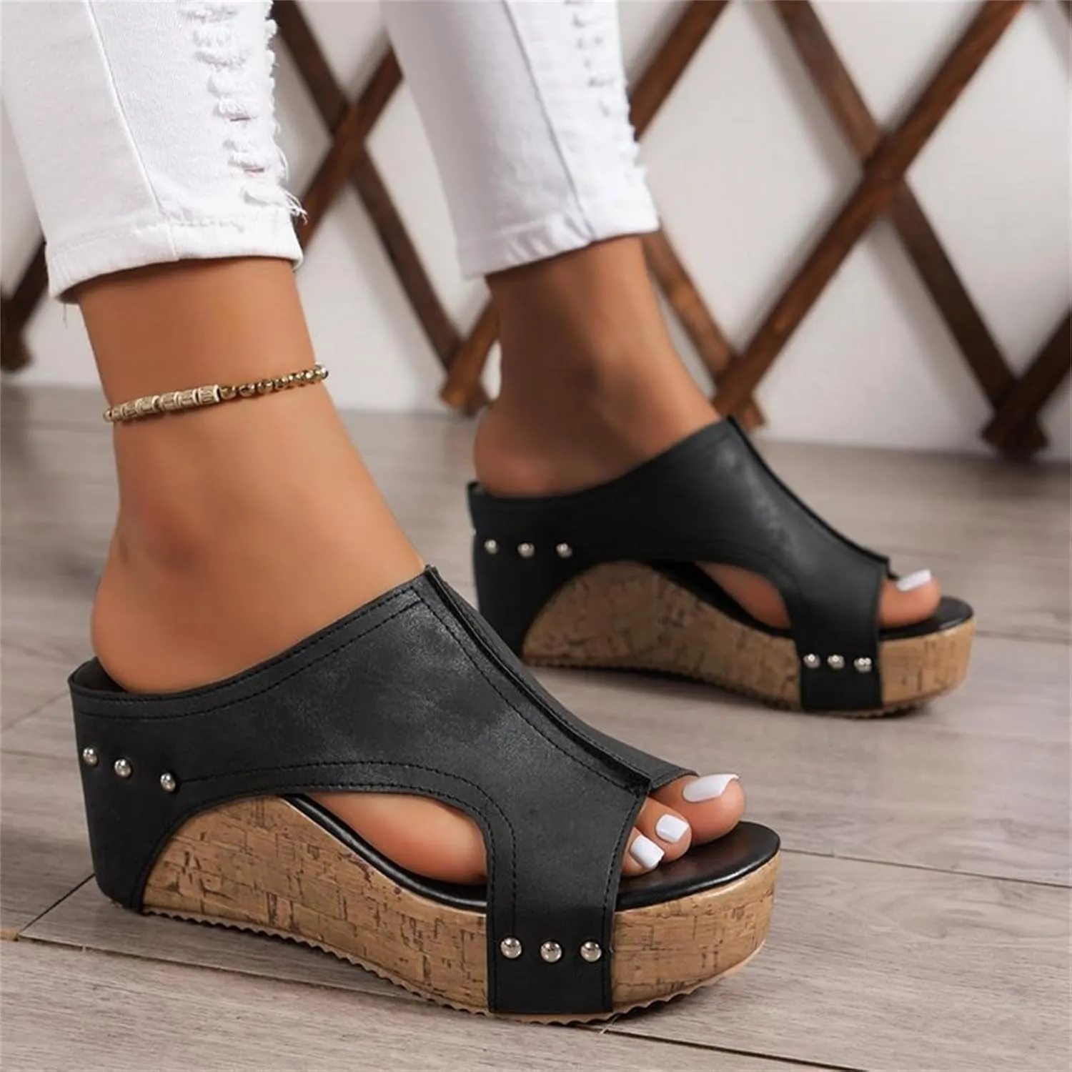 Cork Wedges & Platform Slides, Women's Thick Sole Comfy Leather Wedge Non-slip Summer Sandals,cork wedge sandal for women