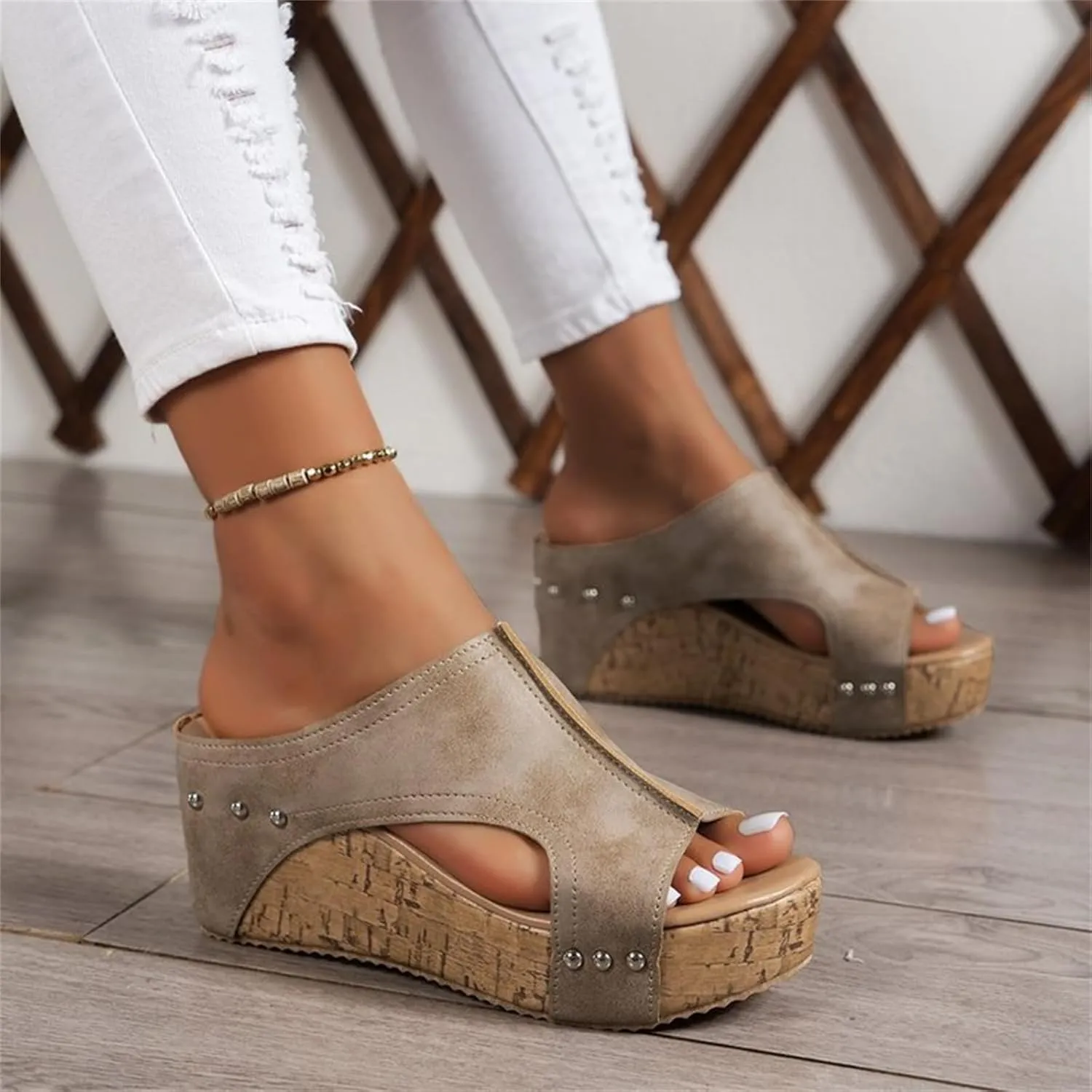 Cork Wedges & Platform Slides, Women's Thick Sole Comfy Leather Wedge Non-slip Summer Sandals,cork wedge sandal for women