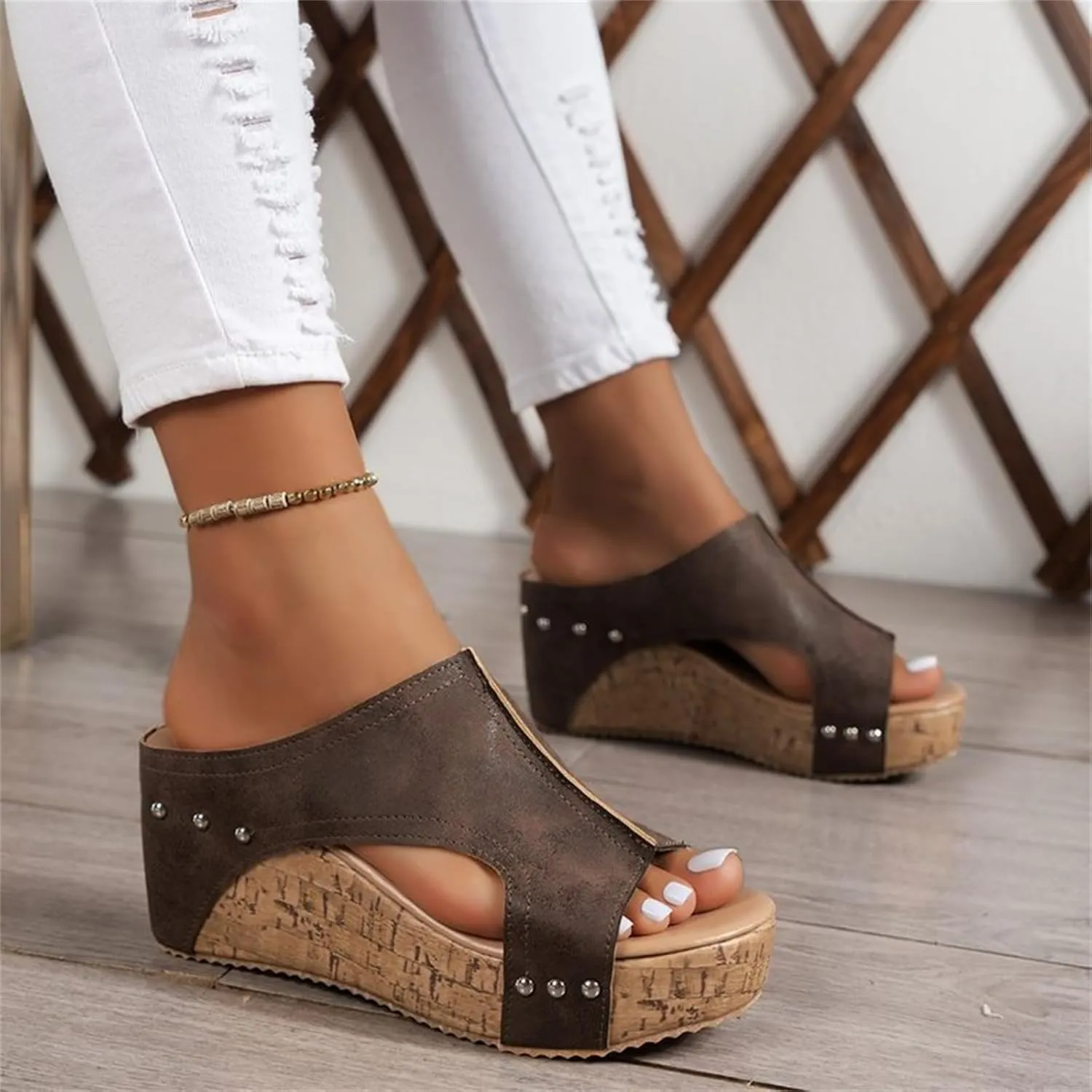 Cork Wedges & Platform Slides, Women's Thick Sole Comfy Leather Wedge Non-slip Summer Sandals,cork wedge sandal for women