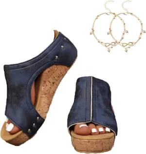 Cork Wedges & Platform Slides, Women's Thick Sole Comfy Leather Wedge Non-slip Summer Sandals,cork wedge sandal for women