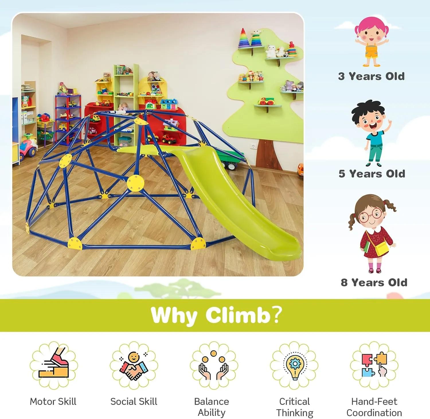 Costzon Climbing Dome with Slide for Kids, 8FT Kids Jungle Gym Monkey Bar Climbing Toys for Outdoor, 2 in 1 Indoor Geometric Dome Climber Playground Set for 3-8 Boys Girls Toddlers Backyard Gifts