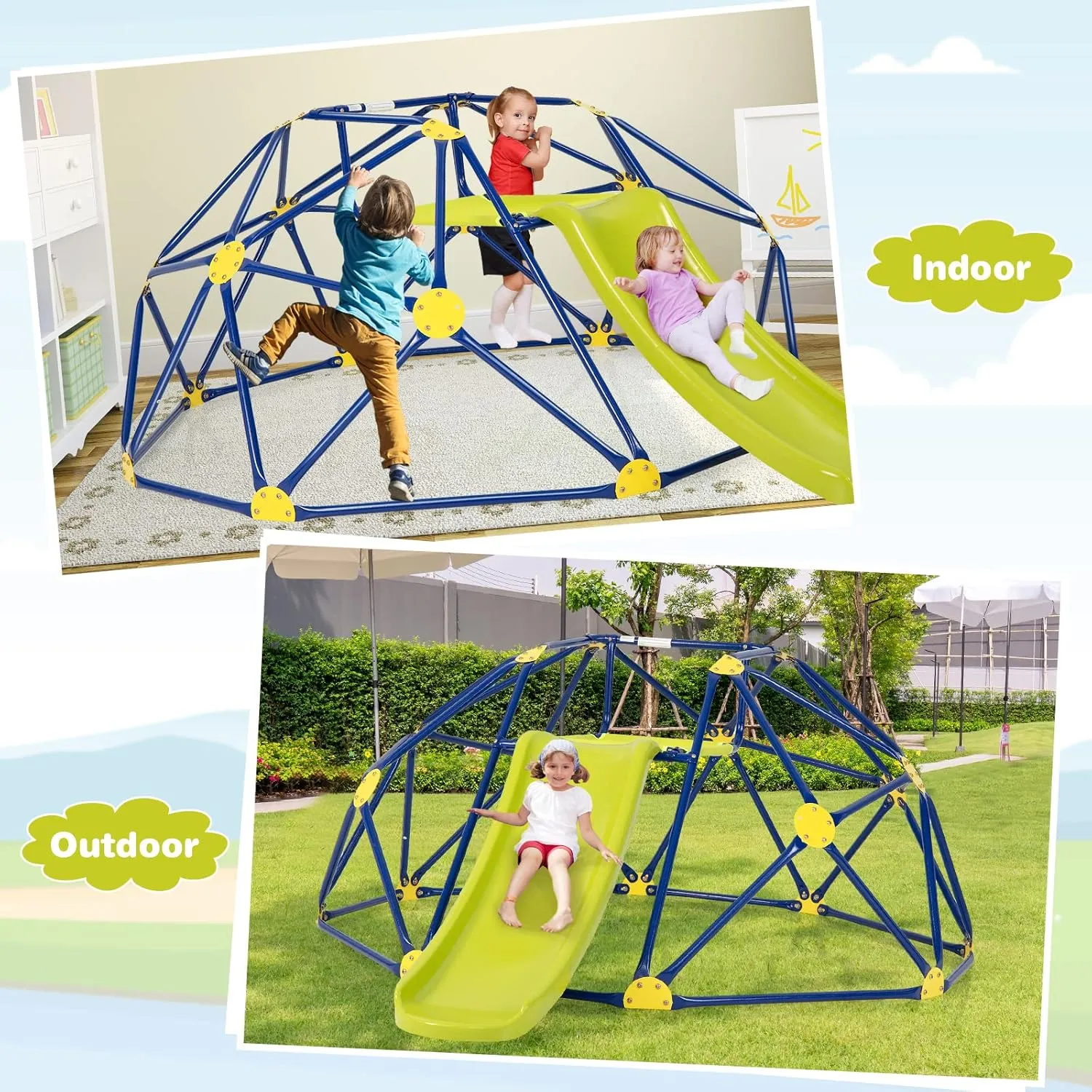 Costzon Climbing Dome with Slide for Kids, 8FT Kids Jungle Gym Monkey Bar Climbing Toys for Outdoor, 2 in 1 Indoor Geometric Dome Climber Playground Set for 3-8 Boys Girls Toddlers Backyard Gifts