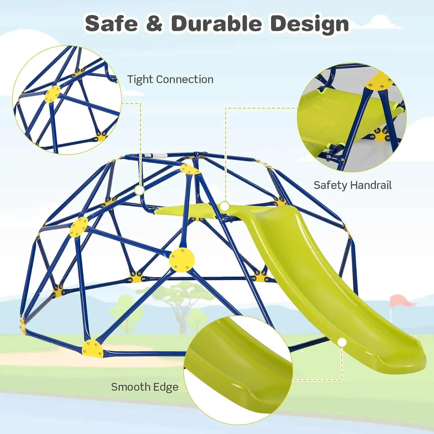 Costzon Climbing Dome with Slide for Kids, 8FT Kids Jungle Gym Monkey Bar Climbing Toys for Outdoor, 2 in 1 Indoor Geometric Dome Climber Playground Set for 3-8 Boys Girls Toddlers Backyard Gifts