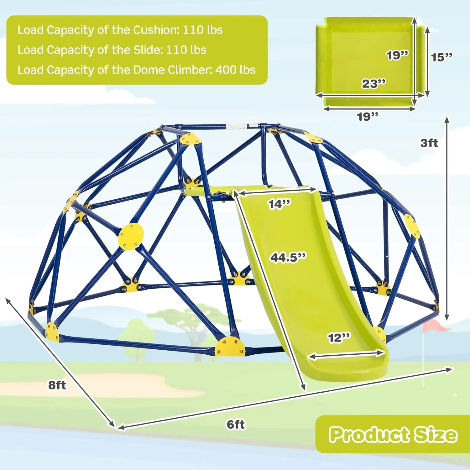 Costzon Climbing Dome with Slide for Kids, 8FT Kids Jungle Gym Monkey Bar Climbing Toys for Outdoor, 2 in 1 Indoor Geometric Dome Climber Playground Set for 3-8 Boys Girls Toddlers Backyard Gifts