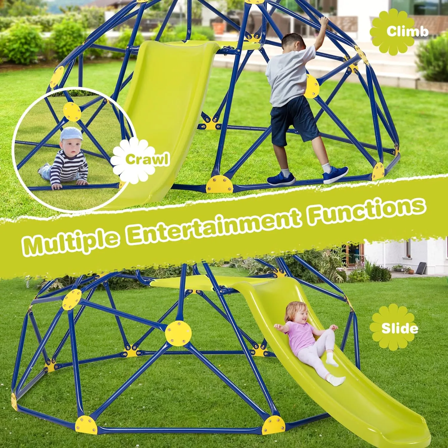 Costzon Climbing Dome with Slide for Kids, 8FT Kids Jungle Gym Monkey Bar Climbing Toys for Outdoor, 2 in 1 Indoor Geometric Dome Climber Playground Set for 3-8 Boys Girls Toddlers Backyard Gifts