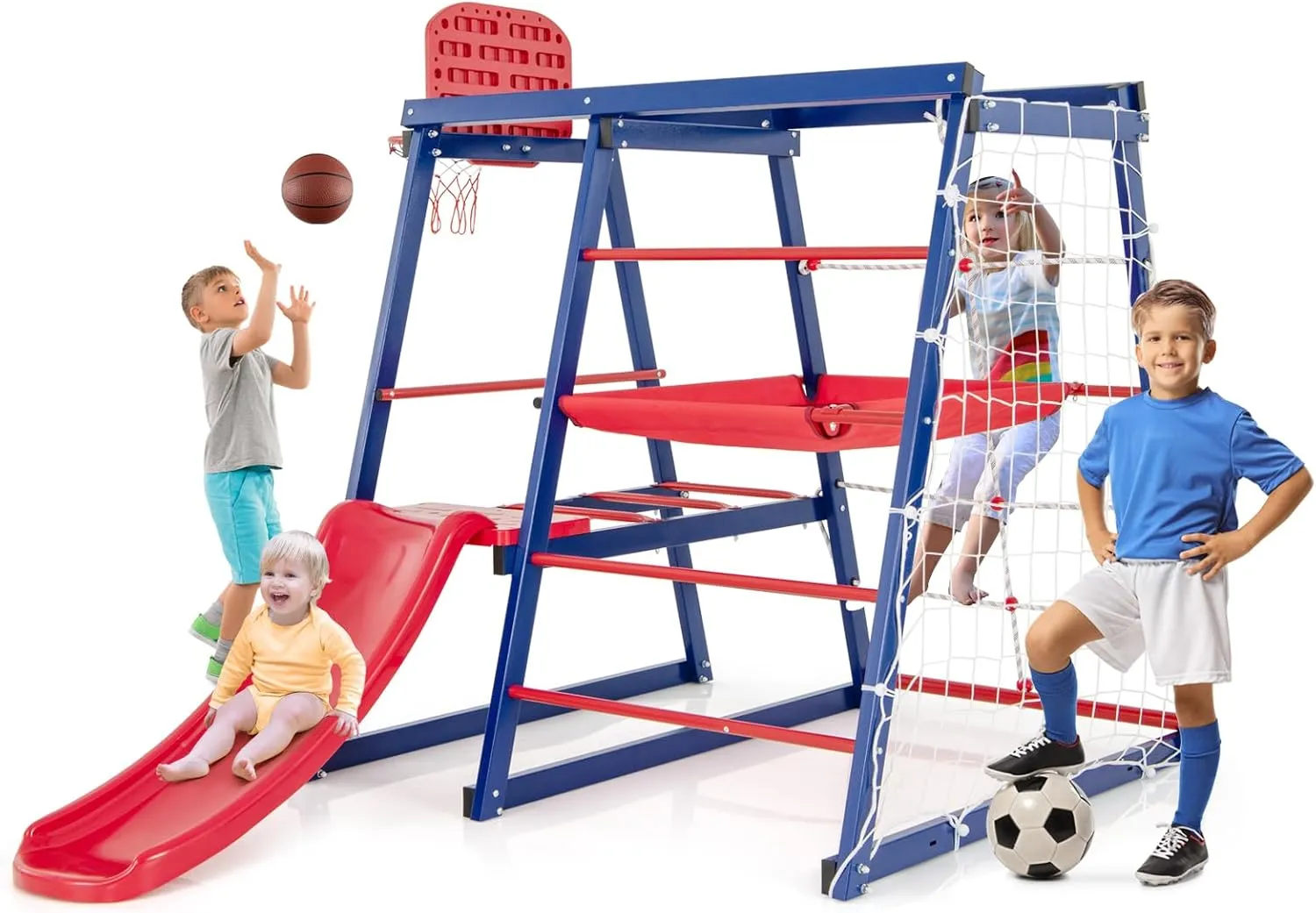 Costzon Indoor Outdoor Jungle Gym, 7 in 1 Kids Steel Climbing Toys for Toddlers w/Climbing, Crawling&Rope Ladder, Basketball Hoop, Rust-Resistant, Playground Gym for Boys Girls Gifts