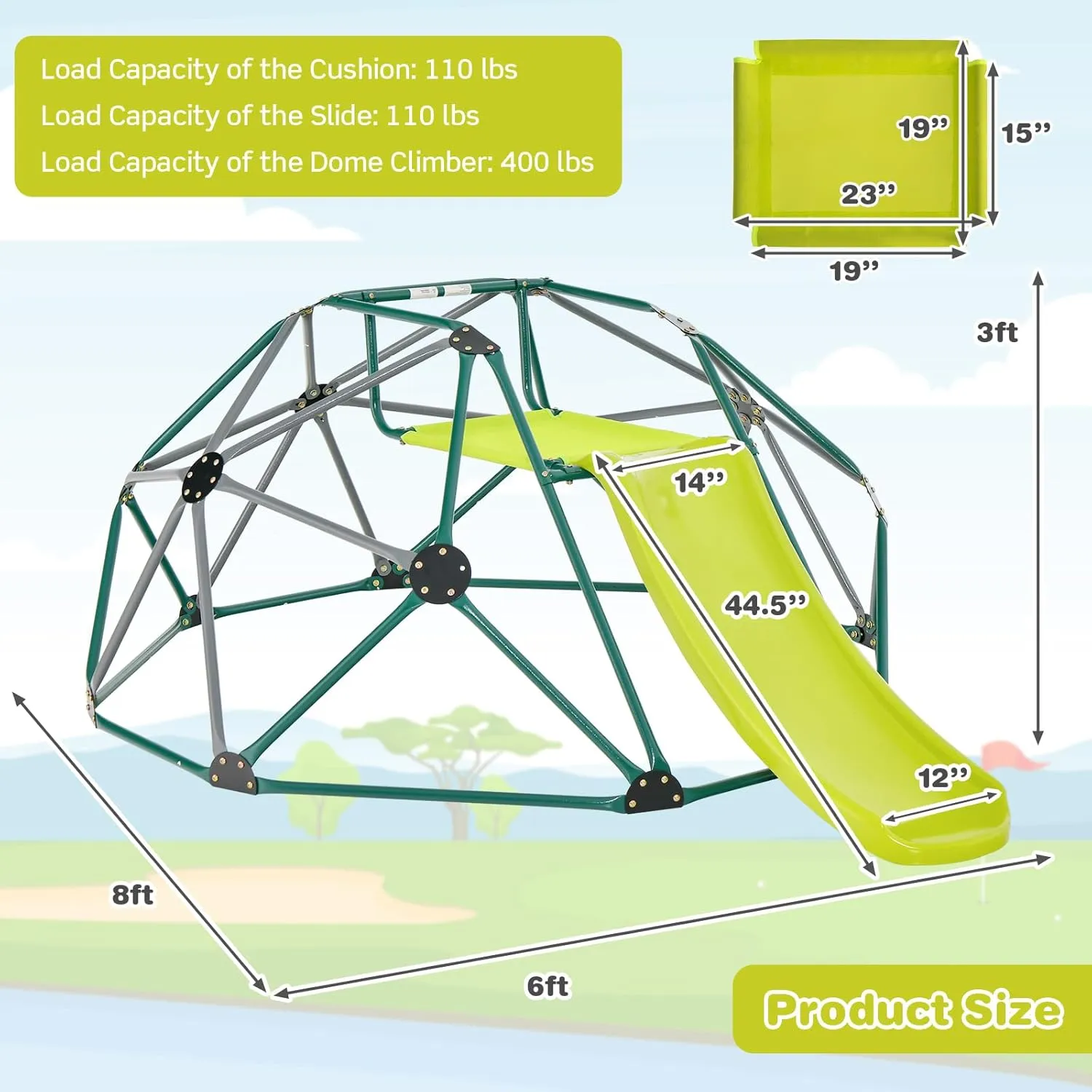 Costzon Kids Climbing Dome with Slide, 8FT Kids Jungle Gym Monkey Bar Climbing Toys for Outdoor, 2 in 1 Indoor Geometric Dome Climber Playground Set for 3-8 Boys Girls Toddlers Backyard Gift Present