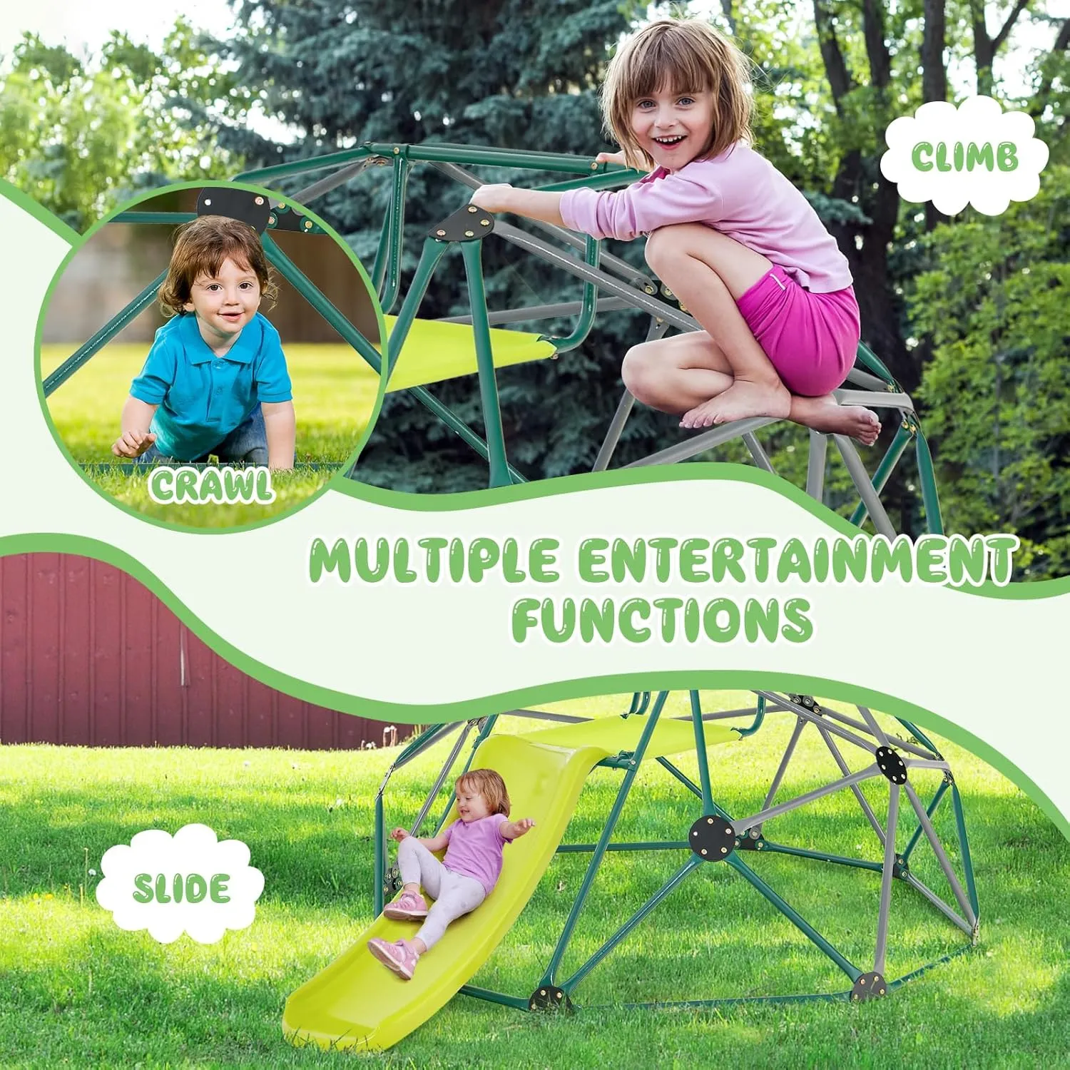 Costzon Kids Climbing Dome with Slide, 8FT Kids Jungle Gym Monkey Bar Climbing Toys for Outdoor, 2 in 1 Indoor Geometric Dome Climber Playground Set for 3-8 Boys Girls Toddlers Backyard Gift Present