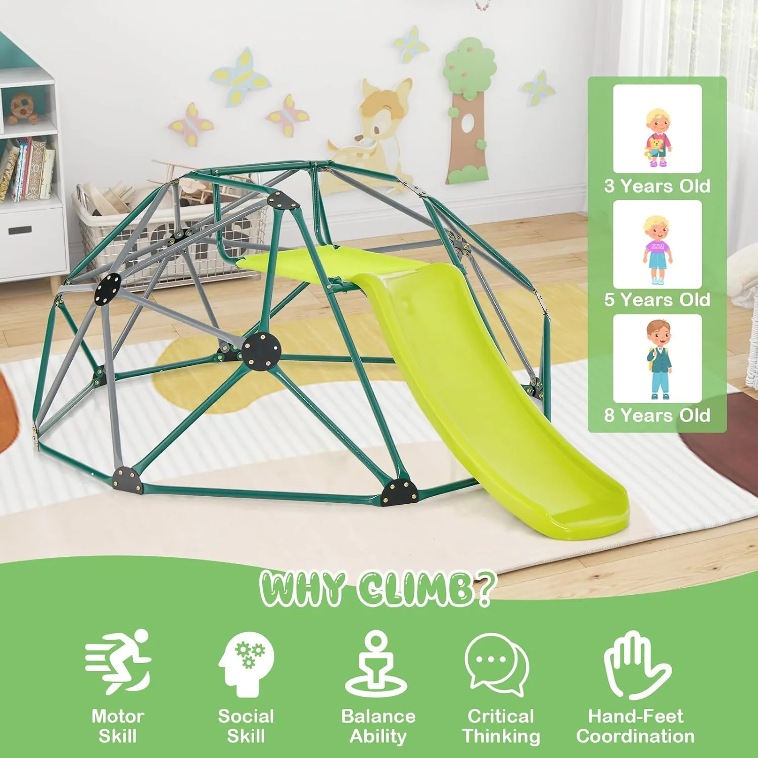 Costzon Kids Climbing Dome with Slide, 8FT Kids Jungle Gym Monkey Bar Climbing Toys for Outdoor, 2 in 1 Indoor Geometric Dome Climber Playground Set for 3-8 Boys Girls Toddlers Backyard Gift Present