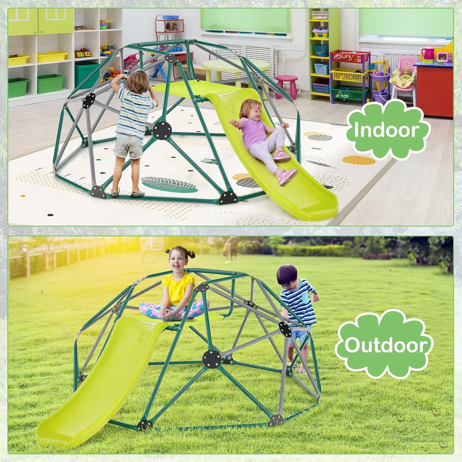 Costzon Kids Climbing Dome with Slide, 8FT Kids Jungle Gym Monkey Bar Climbing Toys for Outdoor, 2 in 1 Indoor Geometric Dome Climber Playground Set for 3-8 Boys Girls Toddlers Backyard Gift Present