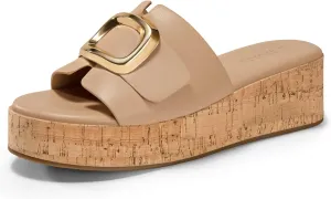 Coutgo Womens Platform Sandals Cork Beach Slip on Wedges Metal Buckle Slides Open Toe Summer Shoes
