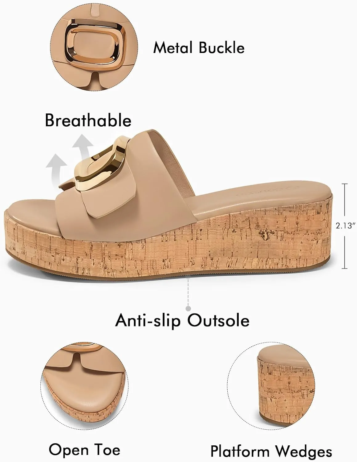 Coutgo Womens Platform Sandals Cork Beach Slip on Wedges Metal Buckle Slides Open Toe Summer Shoes