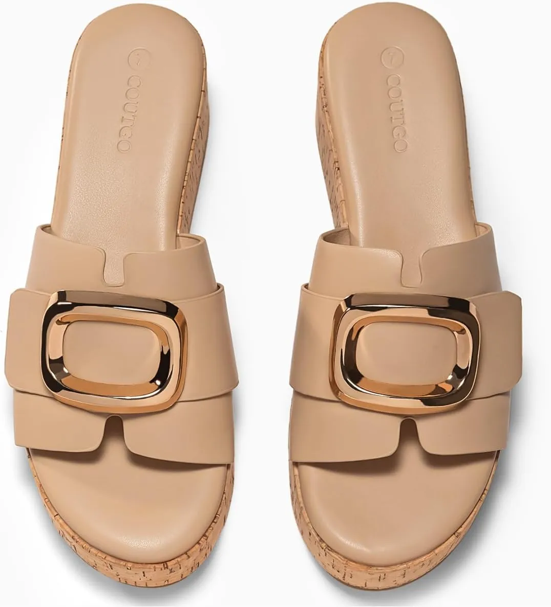 Coutgo Womens Platform Sandals Cork Beach Slip on Wedges Metal Buckle Slides Open Toe Summer Shoes
