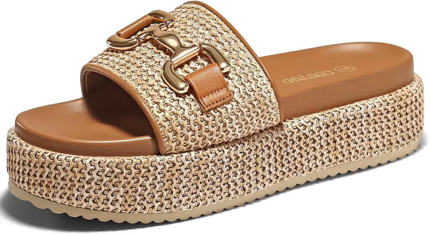 Coutgo Womens Platform Sandals Raffia Espadrilles Metal Chain Slip on Open Toe Cute Beach Slide Sandals