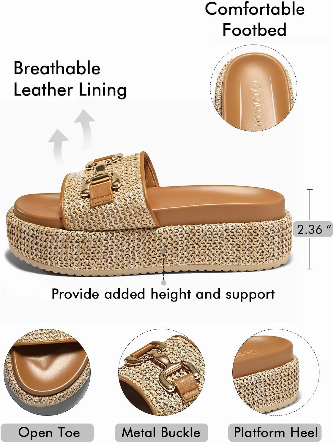 Coutgo Womens Platform Sandals Raffia Espadrilles Metal Chain Slip on Open Toe Cute Beach Slide Sandals