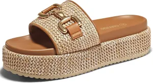 Coutgo Womens Platform Sandals Raffia Espadrilles Metal Chain Slip on Open Toe Cute Beach Slide Sandals