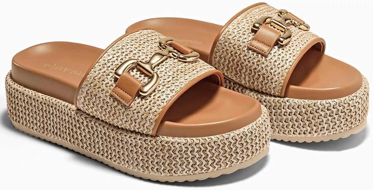 Coutgo Womens Platform Sandals Raffia Espadrilles Metal Chain Slip on Open Toe Cute Beach Slide Sandals