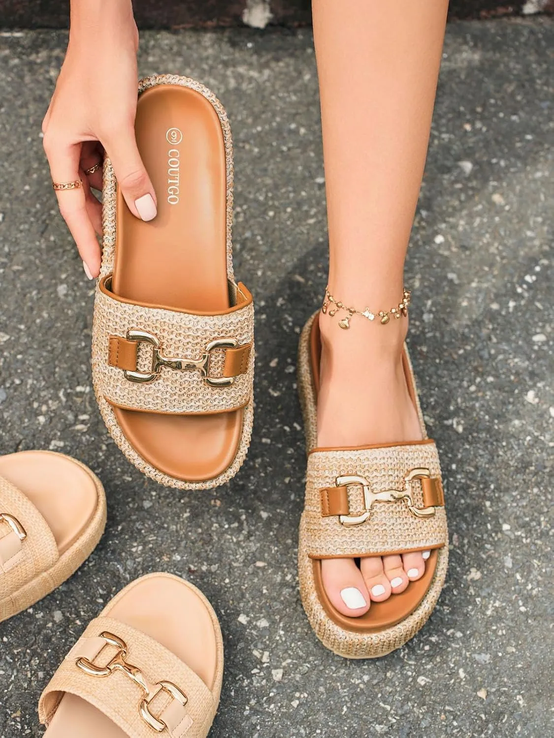 Coutgo Womens Platform Sandals Raffia Espadrilles Metal Chain Slip on Open Toe Cute Beach Slide Sandals
