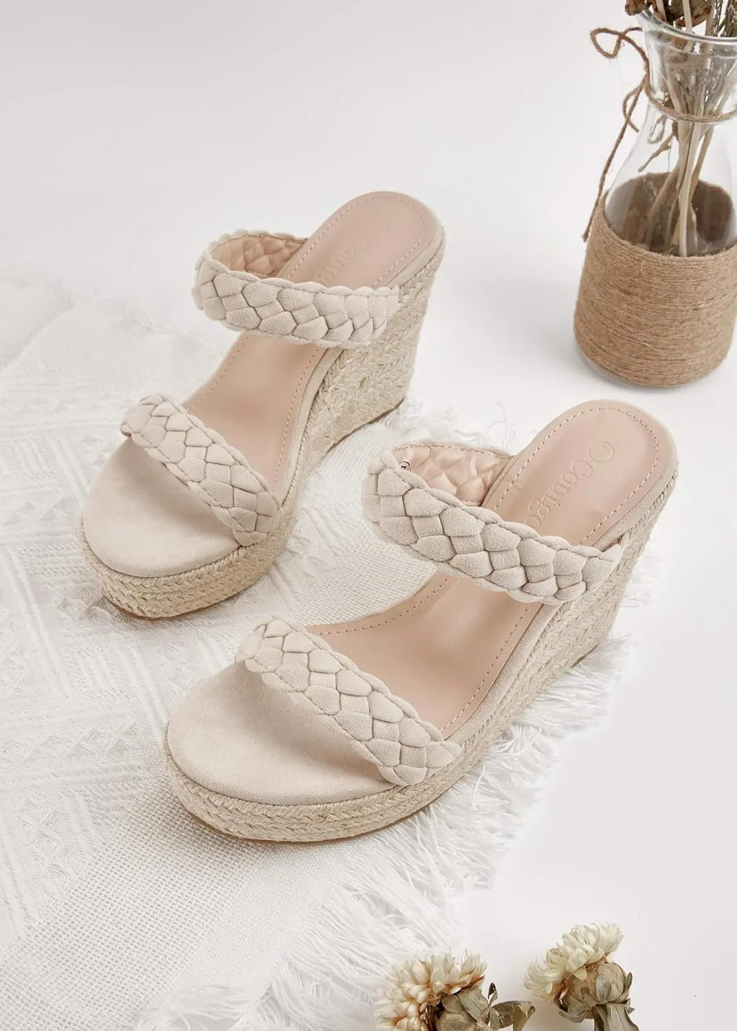 Coutgo Womens Wedge Platform Sandals Espadrilles Two Strap Woven Slip On Summer Cute Slide Sandals