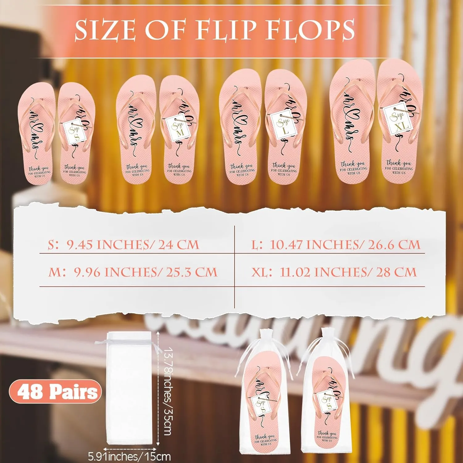 Cuffbow 48 Pairs Bulk Flip Flops for Wedding Guest Bride Sandals Spa Slippers with Size Card Organza Bag for Beach Pool Party