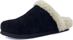 CUSHIONAIRE Cliché Genuine Suede Woven Mule Slippers for Women Indoor and Outdoor - Slip On Faux Fur Lining Women Footwear for Comfort