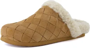 CUSHIONAIRE Cliché Genuine Suede Woven Mule Slippers for Women Indoor and Outdoor - Slip On Faux Fur Lining Women Footwear for Comfort