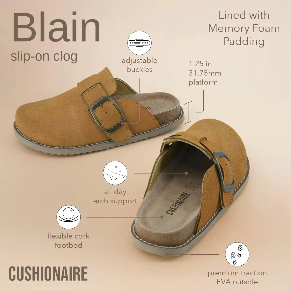 CUSHIONAIRE Women's Blain Genuine Suede Slip-On Clogs with   Memory Foam & Chic Buckle Mule - Comfortable, Non-Slip, Wide Widths Available