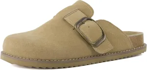 CUSHIONAIRE Women's Blain Genuine Suede Slip-On Clogs with   Memory Foam & Chic Buckle Mule - Comfortable, Non-Slip, Wide Widths Available