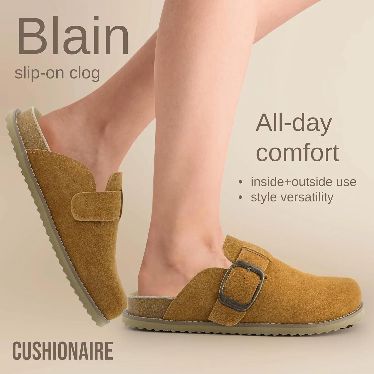 CUSHIONAIRE Women's Blain Genuine Suede Slip-On Clogs with   Memory Foam & Chic Buckle Mule - Comfortable, Non-Slip, Wide Widths Available