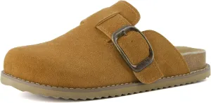 CUSHIONAIRE Women's Blain Genuine Suede Slip-On Clogs with   Memory Foam & Chic Buckle Mule - Comfortable, Non-Slip, Wide Widths Available