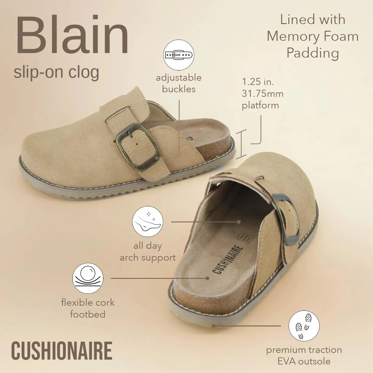 CUSHIONAIRE Women's Blain Genuine Suede Slip-On Clogs with   Memory Foam & Chic Buckle Mule - Comfortable, Non-Slip, Wide Widths Available