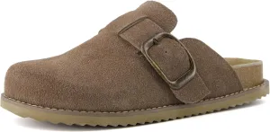CUSHIONAIRE Women's Blain Genuine Suede Slip-On Clogs with   Memory Foam & Chic Buckle Mule - Comfortable, Non-Slip, Wide Widths Available