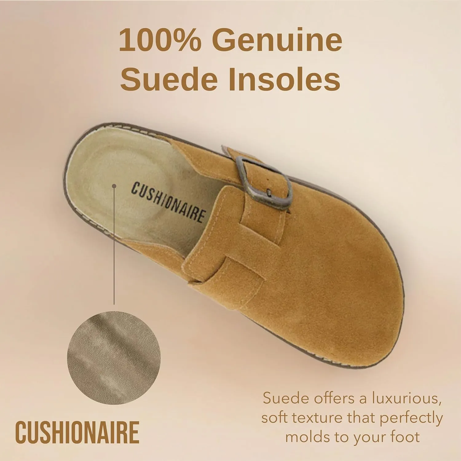 CUSHIONAIRE Women's Blain Genuine Suede Slip-On Clogs with   Memory Foam & Chic Buckle Mule - Comfortable, Non-Slip, Wide Widths Available