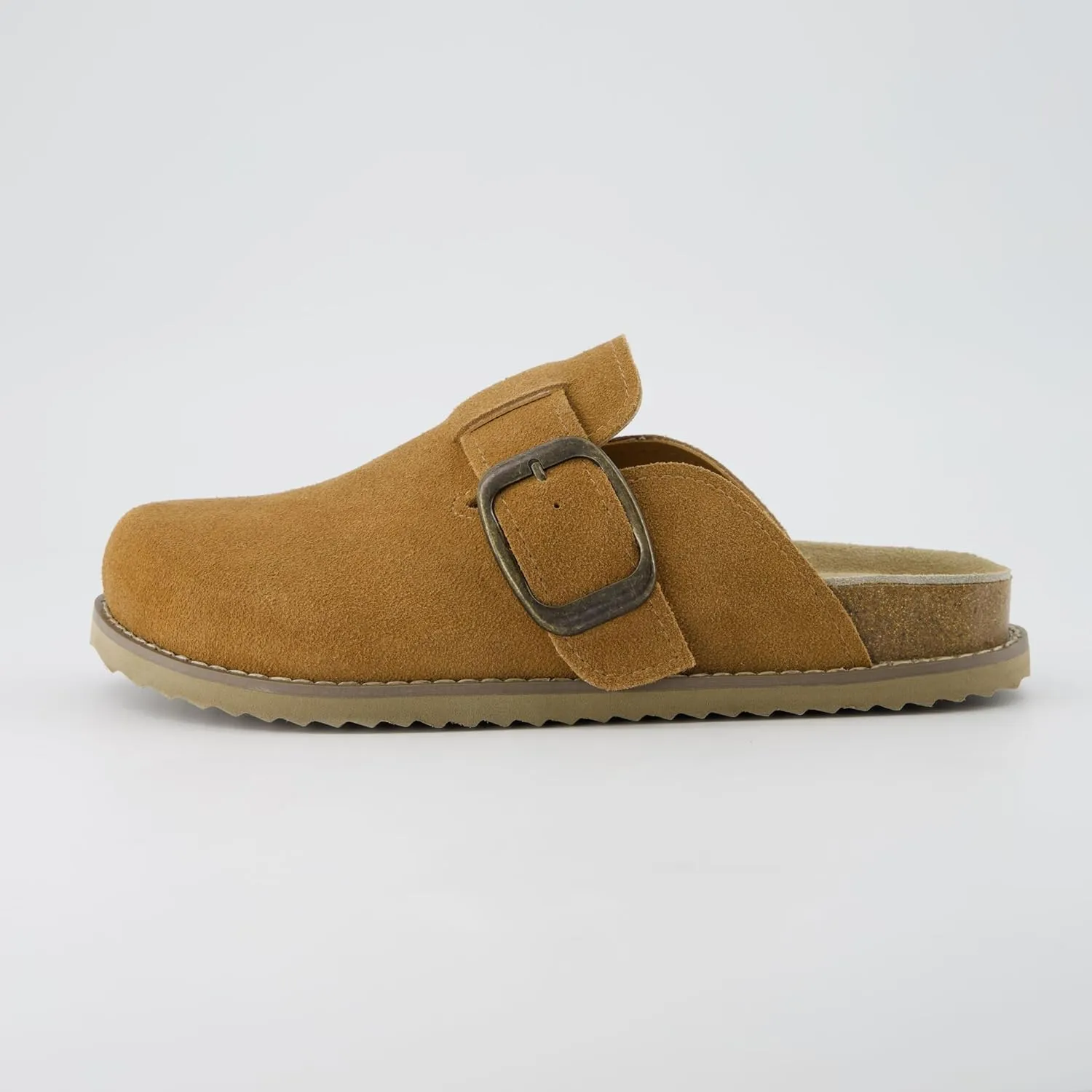 CUSHIONAIRE Women's Blain Genuine Suede Slip-On Clogs with   Memory Foam & Chic Buckle Mule - Comfortable, Non-Slip, Wide Widths Available