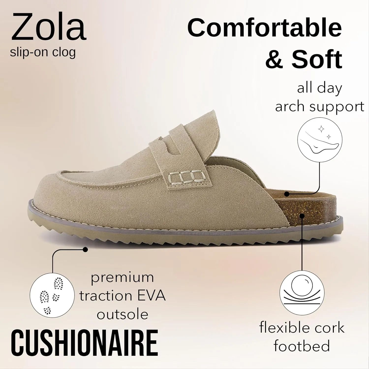CUSHIONAIRE Zola Women’s Penny Clog Mule – Suede Slip-On with Memory Foam, Cork Footbed & Flexible Outsole